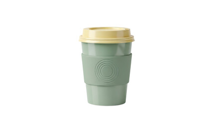 Isolated green reusable coffee cup with beige lid, eco friendly travel mug on clean background