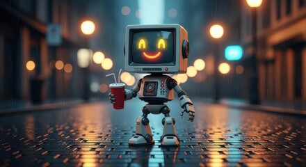 Friendly Retro Robot Enjoying a Drink on a Rainy City Street