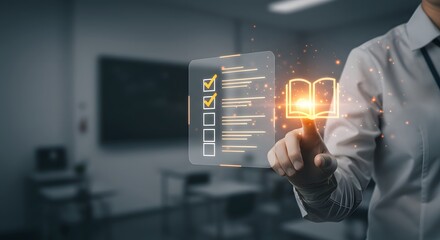 Digital education concept with open book icon and interface displayed by a professional.