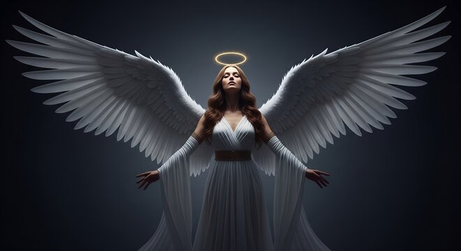 Angelic Figure with Wings, Halo, and White Gown Spiritual, Fantasy, and Religious Concept