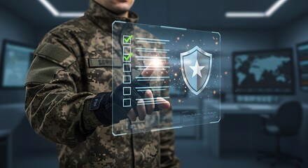 Military cybersecurity expert reviewing digital defense checklist with glowing shield interface, secure network concept.