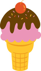 cute scoop ice cream cone waffle with cherry fruit vector cartoon illustration
