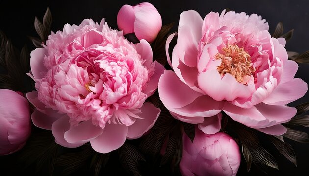 pink peonies in full bloom against a black background create a stunning visual for floral themed designs wedding invitations or spring promotions