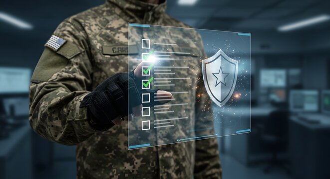 Military cybersecurity concept with soldier interacting with digital shield and checklist interface. - Powered by Adobe