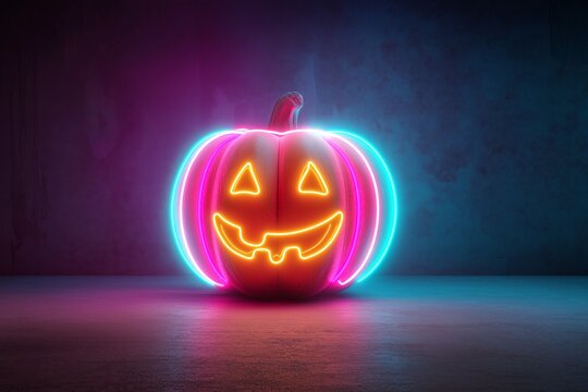 Brightly lit Halloween pumpkin with neon lights set in a dark background, showcasing a spooky face design and vibrant colors