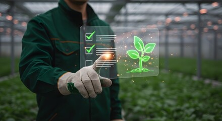 Sustainable agriculture concept with digital interface showing plant growth and quality control checklist.
