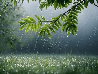 緑の葉と草の上の雨が降るぼやけた背景