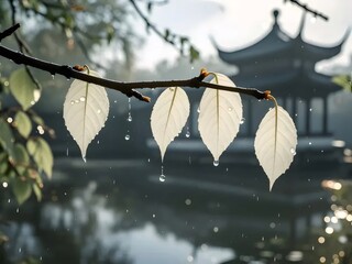 Leaves On Branch with Water Droplets and Asian