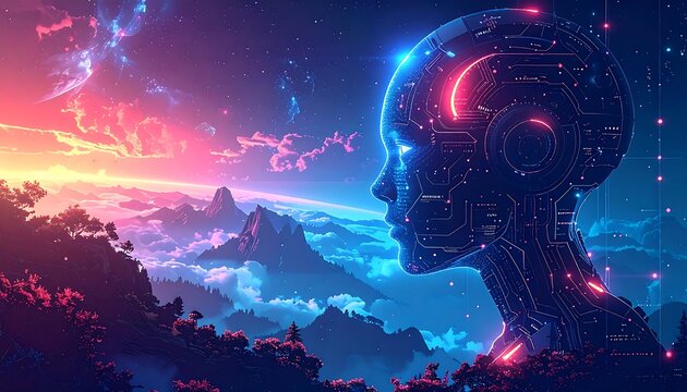 A profile of a futuristic metallic head with circuits, set against a nebula sky, mountains and vibrant landscape