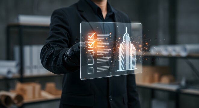 Business professional reviewing building project progress with digital checklist and data visualization interface.