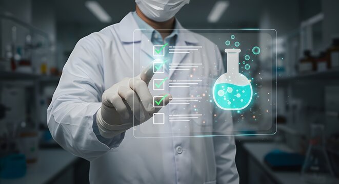 Scientist reviewing research data on a transparent digital interface in a modern laboratory setting.