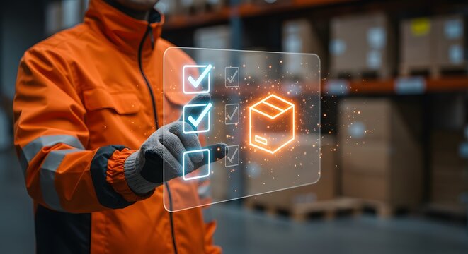 Logistics worker using digital interface for inventory management and package tracking in warehouse.