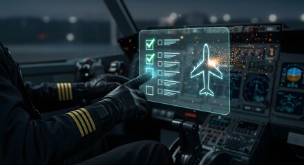 Pilot interacting with futuristic holographic checklist display in a modern airplane cockpit, aviation technology.