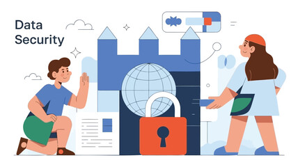 Safeguarding digital worlds with data security A digital castle protected by two guardians in flat