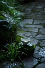 緑豊かな苔むした岩の上の茶碗と石畳の道
