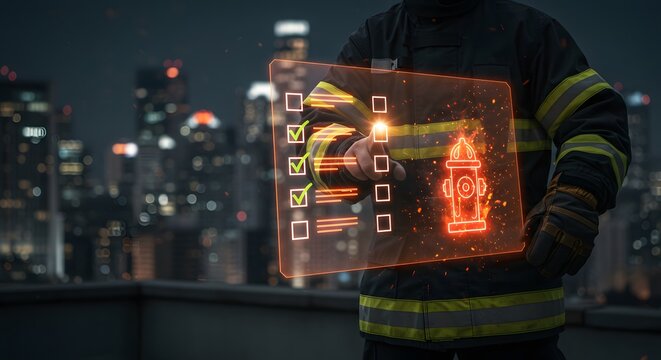 Firefighter safety checklist with digital interface overlaying urban cityscape at night, emergency preparedness concept.