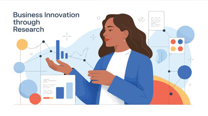 Empowered woman innovating with data visualization charting business success with clean vector