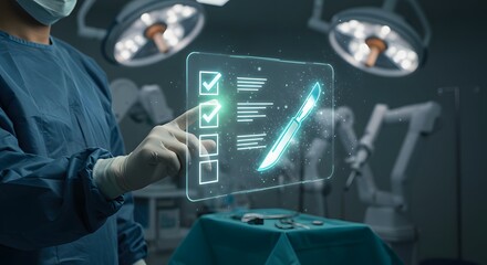Surgical precision concept with glowing checklist and scalpel interface in modern operating room setting.