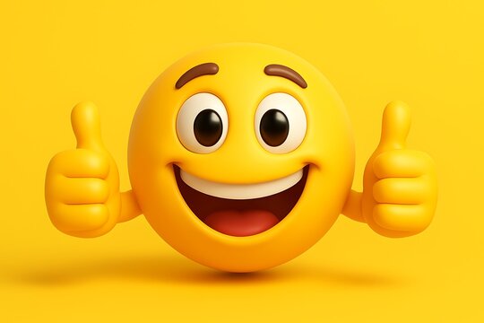 Cheerful thumbs up emoji smiley face character symbolizing positivity success emotion happiness fun digital artwork lifestyle social interaction and colorful 3d render communication concept
