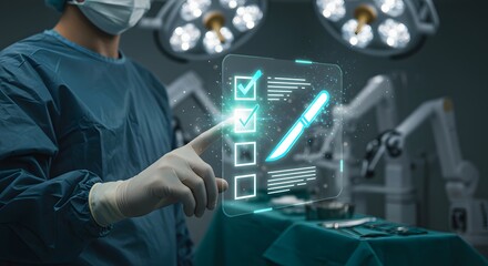 Surgical precision concept with glowing checklist and scalpel in modern operating room setting.