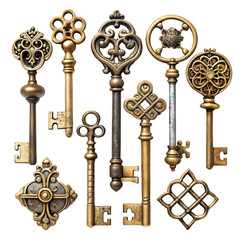 Collection of ornate antique brass and dark metal keys on black antique keys vintage keys