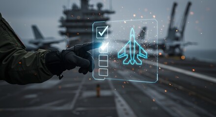 Military aircraft checklist interface on aircraft carrier deck, modern defense systems, operational readiness concept.