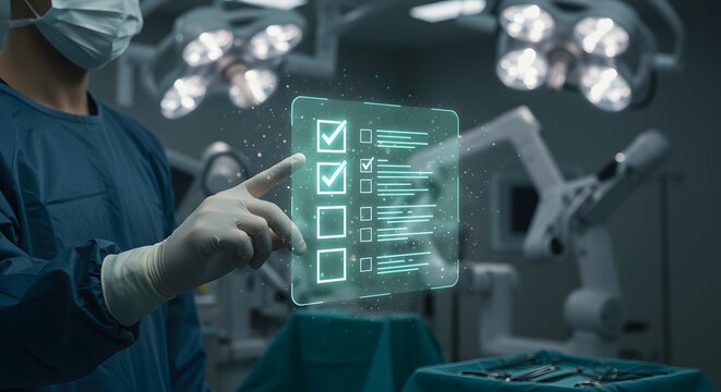 Surgeon interacting with holographic surgical checklist in modern operating room, healthcare technology concept.