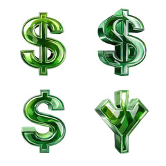 Four emerald-green, 3D dollar signs, one downward-pointing arrow, set against black background