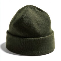 Green Knitted Beanie Hat Isolated on White Background