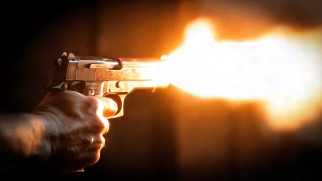 Close up of handgun firing bullet  