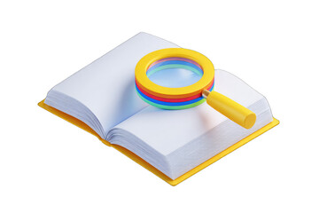 Open book with a colorful magnifying glass