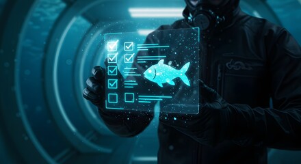 Futuristic diver examining digital fish scan on transparent interface, marine biology concept.