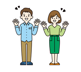 両手を広げて喜ぶ、20代・30代の夫婦の全身ベクターイラスト素材＿カラー