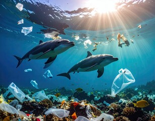 Ocean Cleanup Crew Deploying Barriers to Trap Plastic Waste Near Dolphins