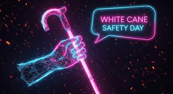 Digital representation of white cane safety day with hand holding cane - Powered by Adobe