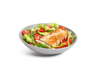 Grilled chicken breast salad with cucumbers red tomatoes and light dressing