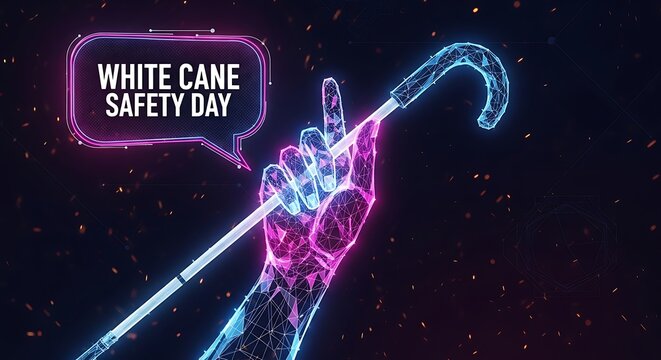 Digital illustration for white cane safety day with a hand holding a cane