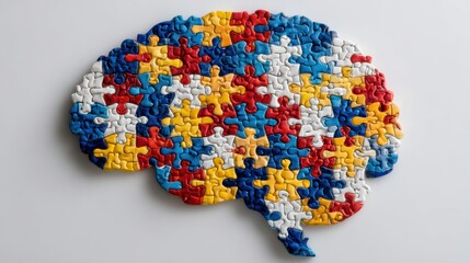 Colorful puzzle pieces arranged to form a brain shape, symbolizing autism awareness and understanding, showcasing vibrant hues of blue, red, yellow, and white in a creative composition