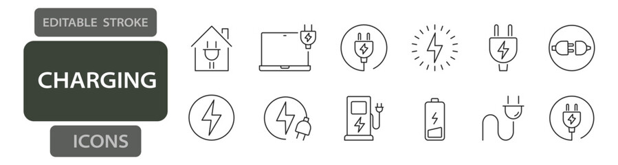 Charging devices and electricity editable stroke icons including battery, power plug, socket, cable, energy bolt, adapter, and electric vehicle charger © Cezar_911