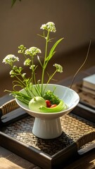 白の器に活けられた花と野菜のテーブル上静物