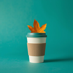 Eco-Friendly Coffee Cup with Autumn Leaf on Teal Background – Minimalist Autumn Design
