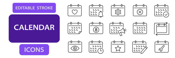Calendar and schedule editable stroke icons including planner, reminder, task, notification, deadline, date, event, and edit