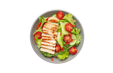 Fresh chicken breast salad bowl with colorful cucumbers red tomatoes and herbs