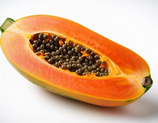 fresh ripe papaya fruit with seeds isolated on white background in a close up healthy food photo