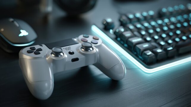 Modern gaming setup with controller keyboard and mouse - Powered by Adobe