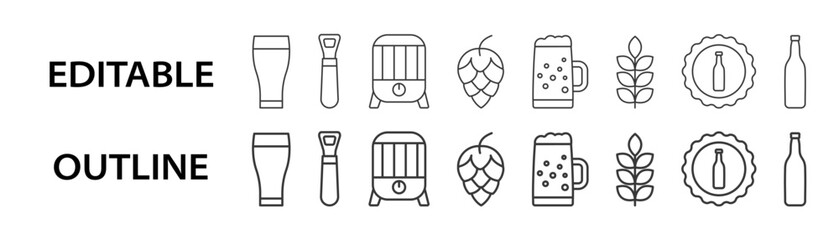 Beer brewing editable stroke icons including beer glass, bottle cap, hop cone, barley, beer mug, bottle opener, and brewery tank