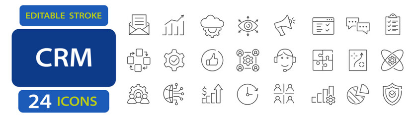 CRM editable stroke icons including client management, communication tools, team settings, analytics, customer support, growth chart, and target strategy
