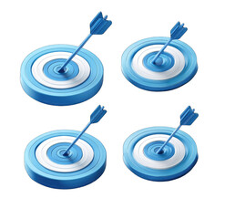 Four 3D target icons, light blue and white, with arrows