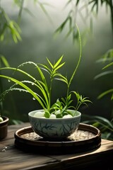 緑の植物と白玉が入った青と白のボウル