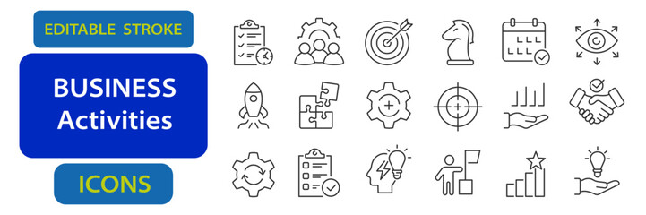 Business activities editable stroke icons including checklist, teamwork, target, strategy, calendar, graph, puzzle, idea, success, and handshake